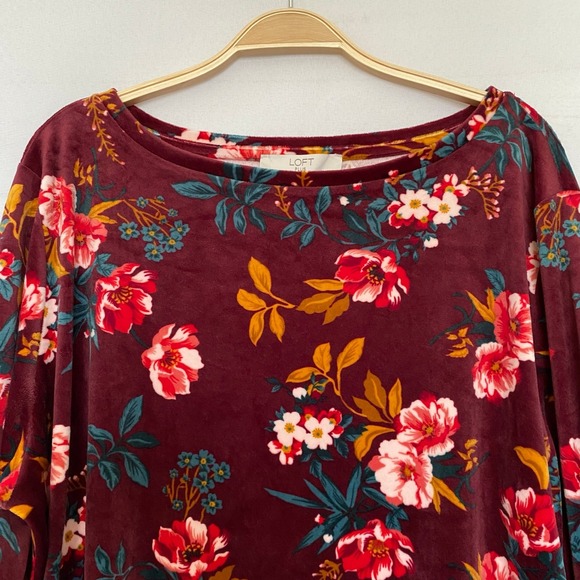 Loft Velour Floral Top Women Plus 20/22 Burgundy Long Sleeve Cottagecore NWT - Picture 5 of 10